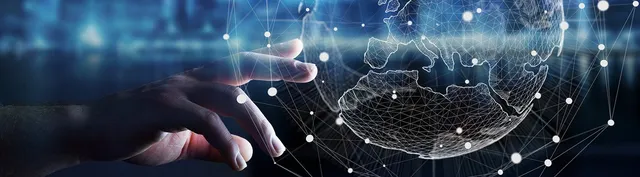 A hand reaches toward a glowing wireframe globe surrounded by a network of dots and connecting lines on a dark background.