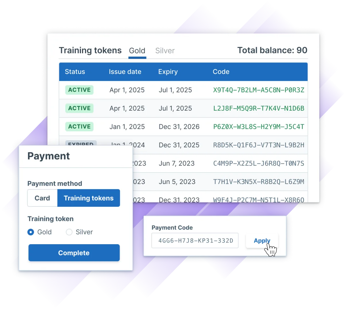 Image depicting the balance of training tokens for a company with options for choosing between training tokens of Gold and Silver in Administrate.
