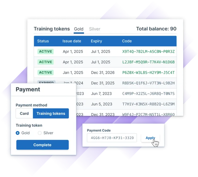Image depicting the balance of training tokens for a company with options for choosing between training tokens of Gold and Silver in Administrate.