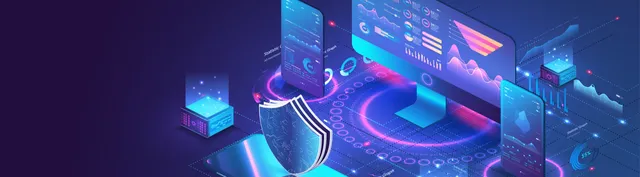 Futuristic 3D isometric illustration of cybersecurity dashboards with neon cyan and pink data streams, shields, and analytics charts.