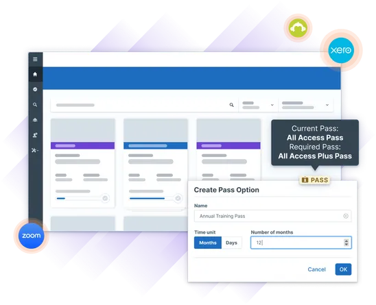 Illustration showing a stylized Administrate software interface for creating training pass options as well as several integrations typically used for businesses selling training.
