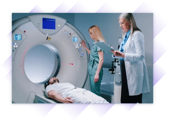 Medical team preparing a patient for an MRI scan, with a nurse operating the machine and a doctor taking notes.