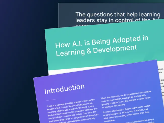 Interior pages of the "Are we asking the right questions about AI in L&D?" guide book, fanned out in a creative display.