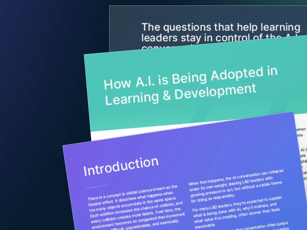 Interior pages of the "Are we asking the right questions about AI in L&D?" guide book, fanned out in a creative display.