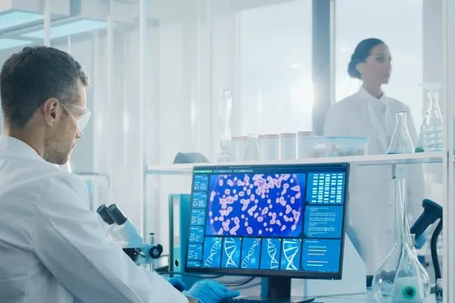 Medical professionals working on a computer in a lab.