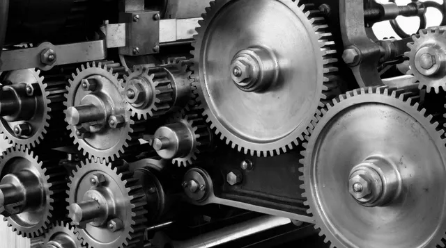 Close-up black and white photograph of interlocking industrial gears and cogs of varying sizes.