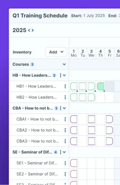 Administrate Scheduler interface showing a training schedule with color-coded course blocks and a weekly calendar grid.