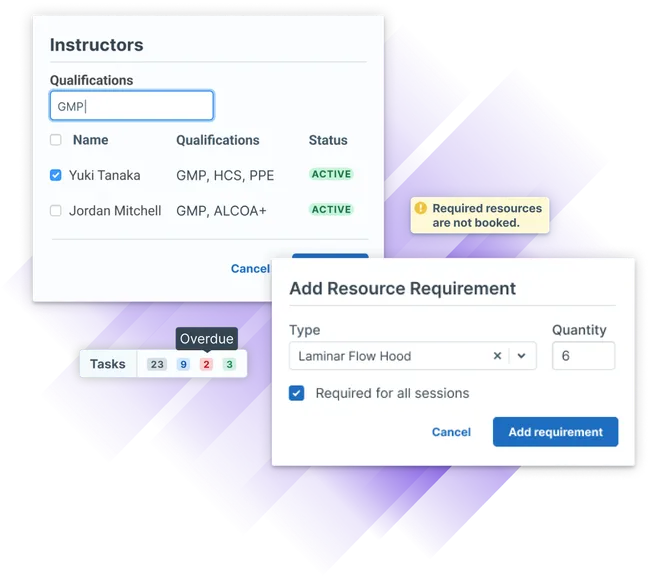 Administrate's Training Management interface showing how manufacturing teams can set instructor qualifications, resource booking alerts, and see overdue task tracking.