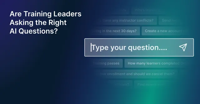 Guide cover for Are Training Leaders Asking the Right AI Questions?, with an AI assistant prompt box surrounded by example scheduling questions.