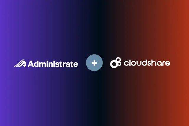 Administrate and Cloudshare logos on a purple and orange gradient background, depicting a partnership between the brands.