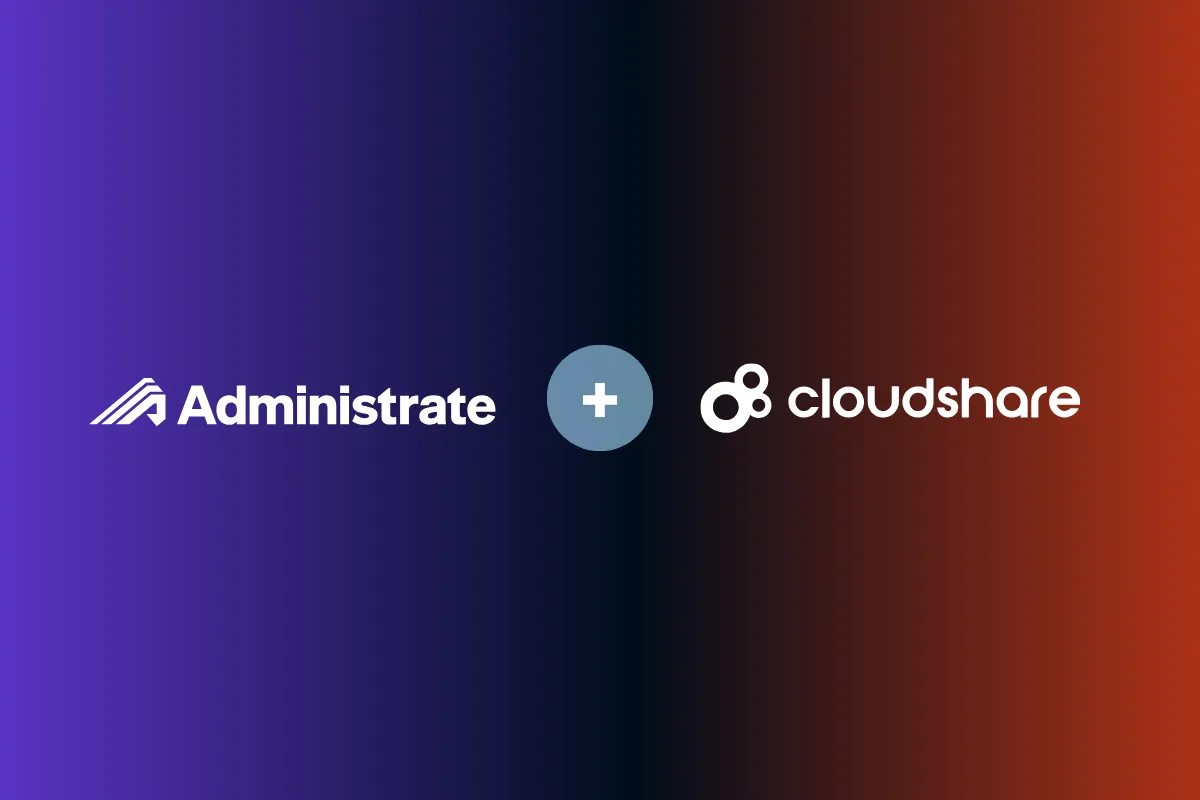 Administrate and Cloudshare logos on a purple and orange gradient background, depicting a partnership between the brands.