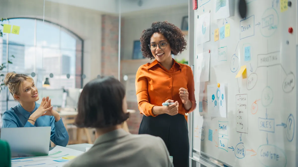 A speaker in an orange blouse smiles while leading a brainstorm beside a whiteboard covered in flow charts and sticky notes.