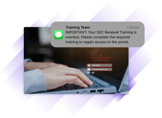 Hands typing on a laptop showing an access denied message, overlaid with a training reminder about overdue SEC renewal training.