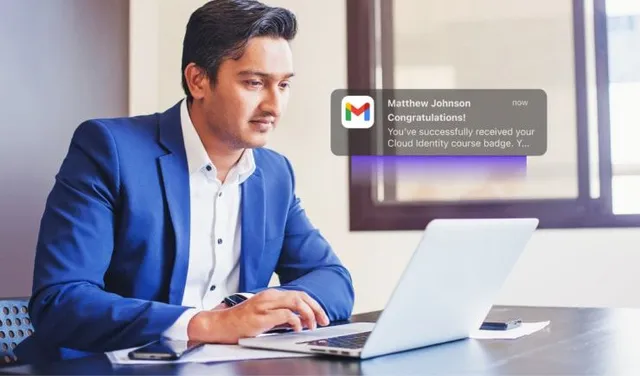Training professional looks at a digital badge earned from Administrate, delivered to his Gmail inbox.