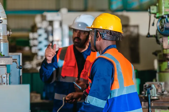 Two workers in hard hats and high-visibility vests stand beside industrial machinery on a factory floor, one gesturing as they discuss the equipment.