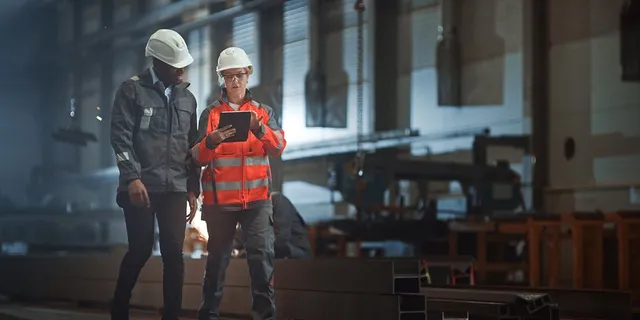Industry professionals recording progress of tasks on a tablet.