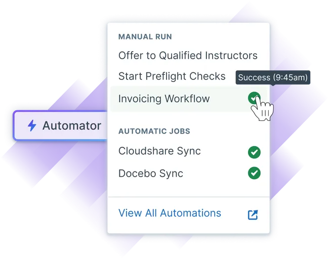 Administrate interface showing the "Automator" button and its menu, including a list of actions like Offer to Qualified Instructors, Start Preflight Checks, Invoicing Workflow, Cloudshare Sync, and Docebo Sync.