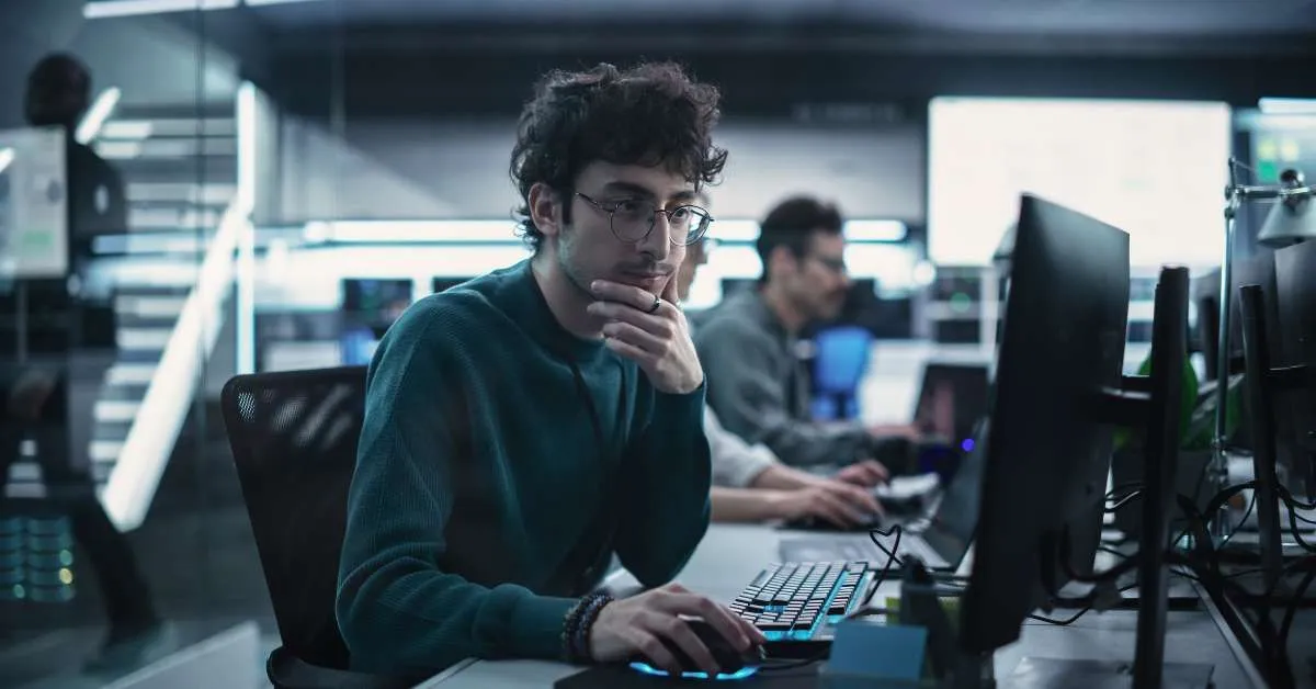 Young man with glasses working at a computer in a busy open-plan tech office with multiple monitors and neon lighting.