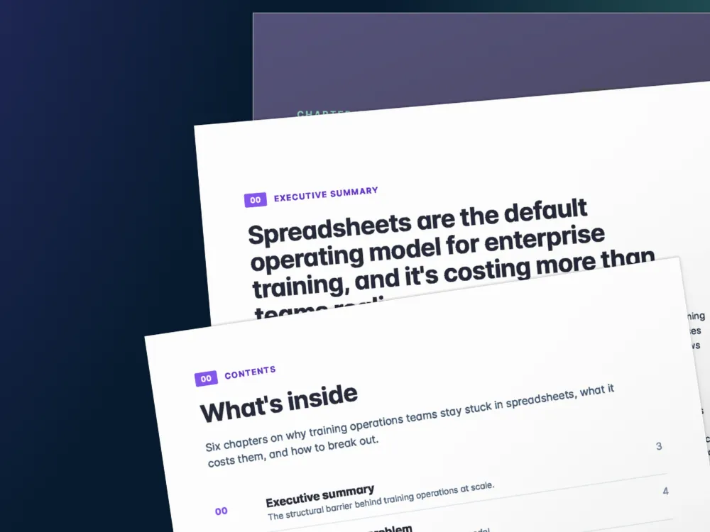 Preview of two interior pages from Administrate's "The True Cost of Manual Training Operations" report. The top page shows the Executive Summary with the headline "Spreadsheets are the default operating model for enterprise training, and it's costing more than teams realize." The second page shows the Contents section titled "What's inside," outlining six chapters on why training operations teams stay stuck in spreadsheets.