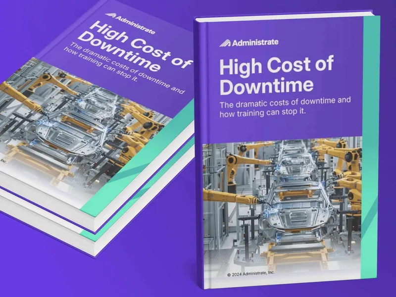 Two copies of the Administrate High Cost of Downtime ebook, featuring industrial manufacturing imagery on the cover.
