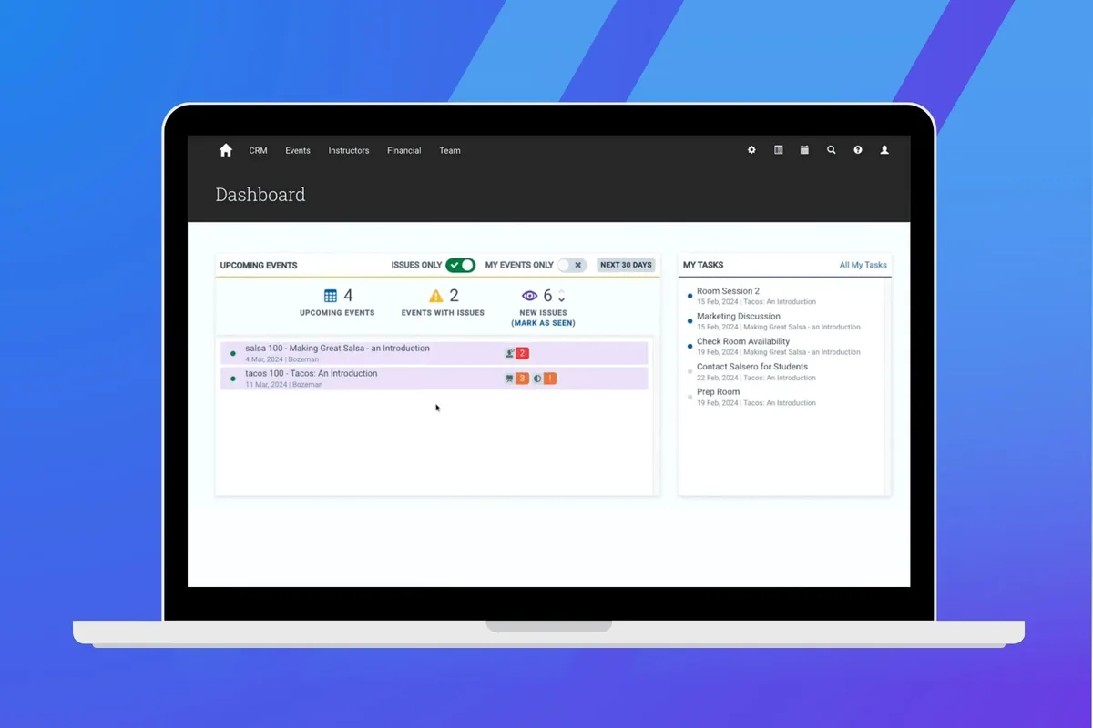 Administrate CRM dashboard on a laptop screen showing upcoming events, issues, and task lists.