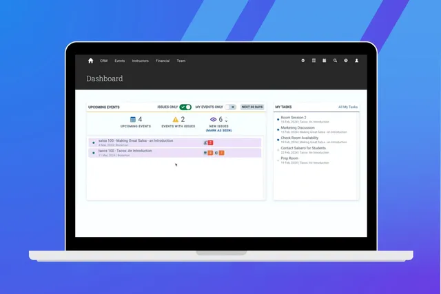 Administrate CRM dashboard on a laptop screen showing upcoming events, issues, and task lists.