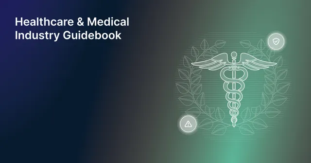 Guide cover for the Healthcare & Medical Industry Guidebook, with a caduceus inside a laurel wreath and alert icons.