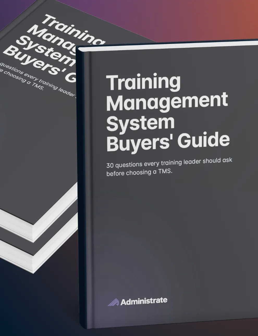 Two stacked versions of TMS Buyers' Guide guidebook, cover up, prop up a third version of the same book, forming a stack with gradient red background.