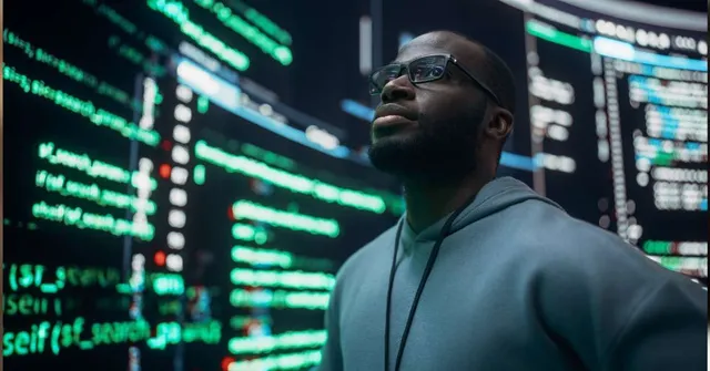 Man in glasses and a blue hoodie looking upward in front of large screens displaying green and blue lines of code.