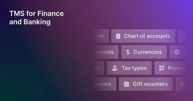 Guide cover for TMS for Finance and Banking, with settings for chart of accounts, currencies, tax types and gift vouchers.