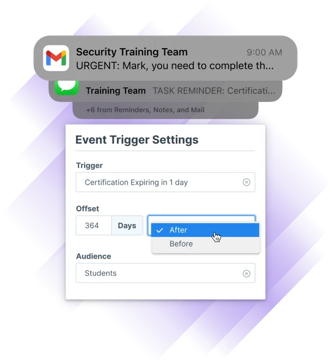 Image of event trigger settings for expiring certifications as well as email, message, and other notifications.