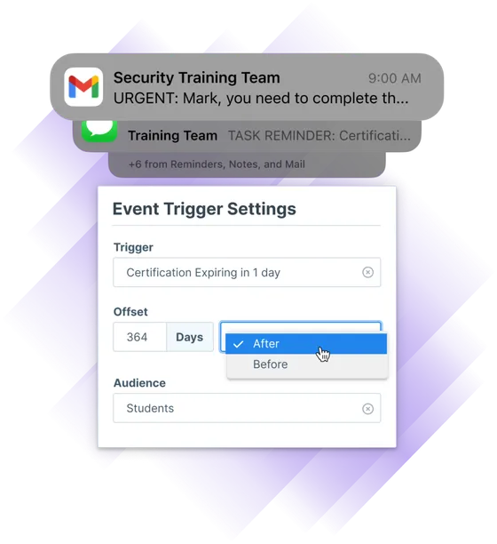 Image of event trigger settings for expiring certifications as well as email, message, and other notifications.