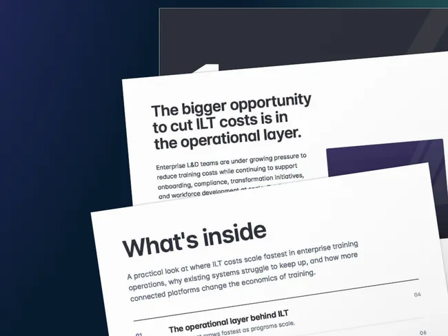 Interior preview spread of the Administrate ebook showing two pages: a "What's inside" table of contents page and a chapter page titled "The bigger opportunity to cut ILT costs is in the operational layer," set against a dark blue background.
