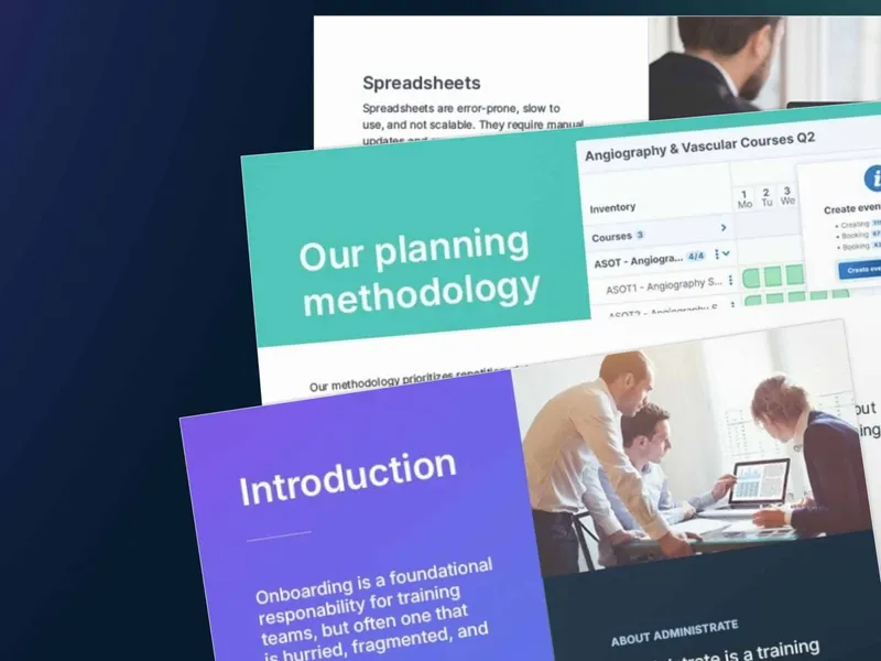 Pages from the Administrate guide on planning live training at scale, showing spreadsheet comparisons and scheduling methodology.