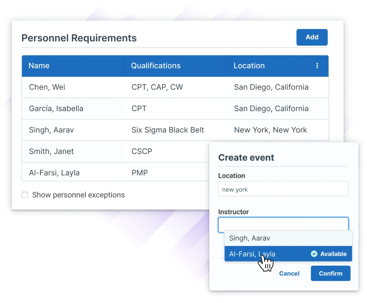 Administrate Course Template listing Personnel Requirements by name, qualifications and location, with an available instructor being selected while creating an event.