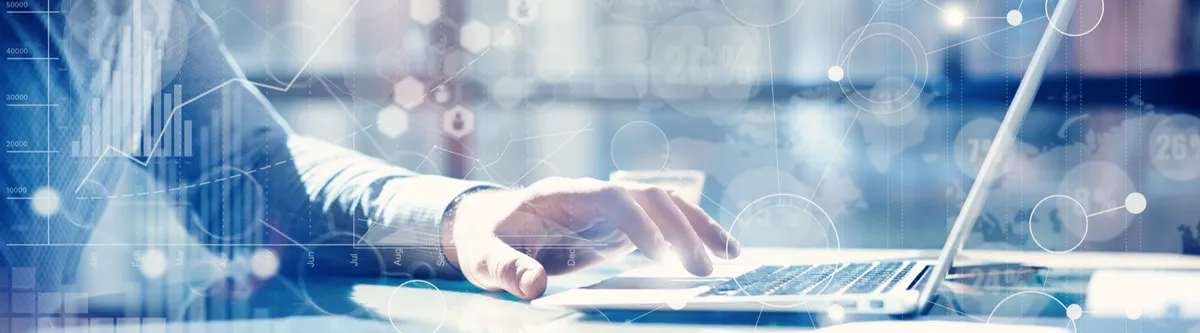 Person hand reaching toward a laptop keyboard overlaid with financial data visualizations including bar charts and network graphs.