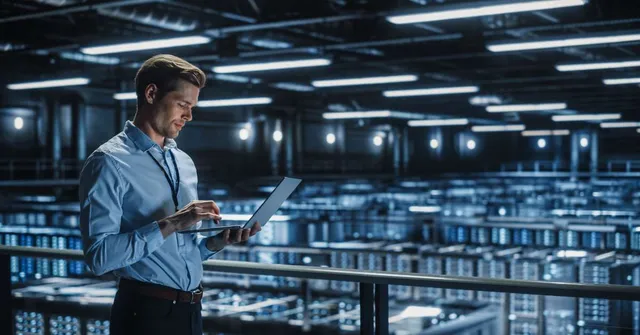 Man in a blue shirt holding a laptop and smiling in a large data center with rows of illuminated server racks.