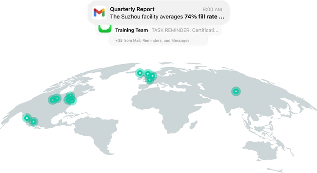 A world map highlighting clustered training or operational locations across North America, Europe, and Asia with real-time alerts for facility performance and certification reminders.