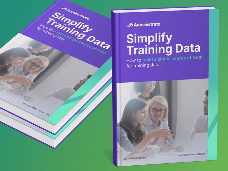 Two copies of the Administrate Simplify Training Data ebook, featuring diverse professionals collaborating on the cover.