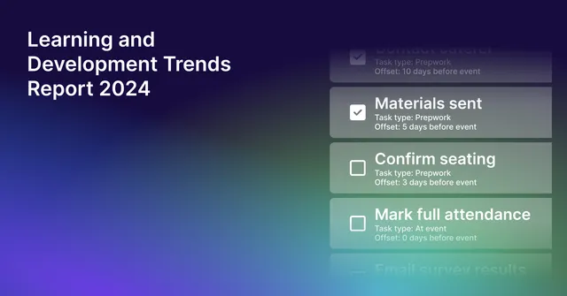 Guide cover for the Learning and Development Trends Report 2024, with an event task checklist showing materials sent, confirm seating and mark full attendance.