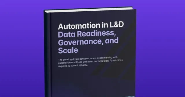 Cover of Administrate's report "Automation in L&D: Data Readiness, Governance, and Scale" displayed at an angle on a purple background. The dark navy cover features the title in white and lavender typography along with the subtitle about the growing divide between teams experimenting with automation and those with structured data foundations.