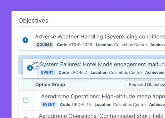 User drag and dropping one of the objectives in a learning path for pilot compliance training.