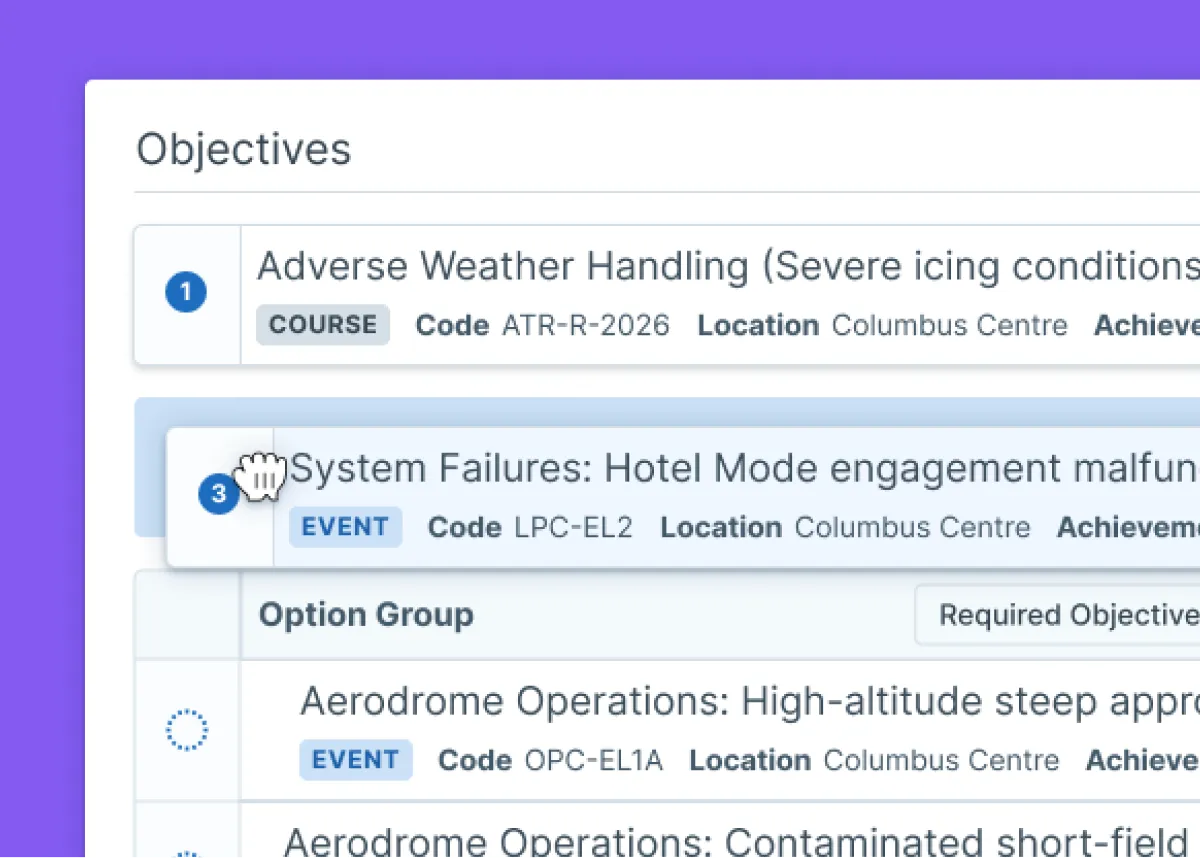 User drag and dropping one of the objectives in a learning path for pilot compliance training.