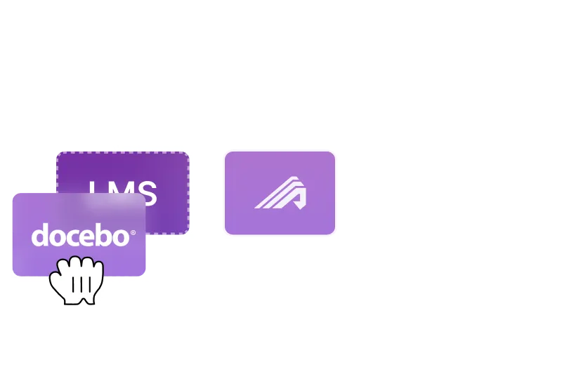 Illustration of Administrate connecting to other placeholder integrations and Docebo being placed over the LMS slot.