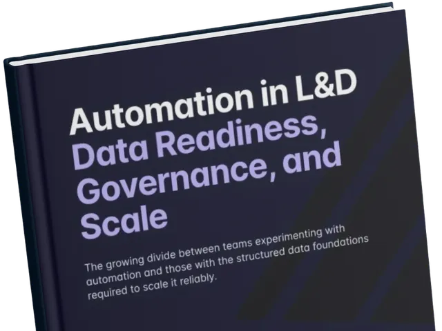 Close-up angled view of Administrate's report cover, "Automation in L&D: Data Readiness, Governance, and Scale." The dramatic perspective emphasizes the bold white and lavender title typography against a dark navy cover.