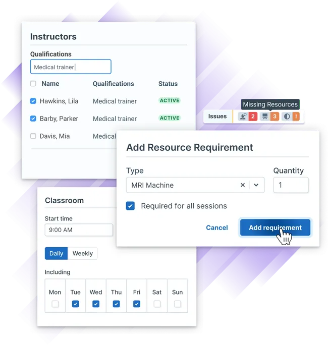 Interface showing instructor qualifications, resource availability, scheduling conflicts, and calendar selection for organizing training sessions.