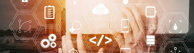 Hands typing on a tablet overlaid with a hexagonal grid of technology icons including code brackets, a cloud, gears, and binary digits, set against a city skyline.