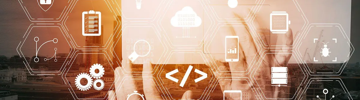 Hands typing on a tablet overlaid with a hexagonal grid of technology icons including code brackets, a cloud, gears, and binary digits, set against a city skyline.
