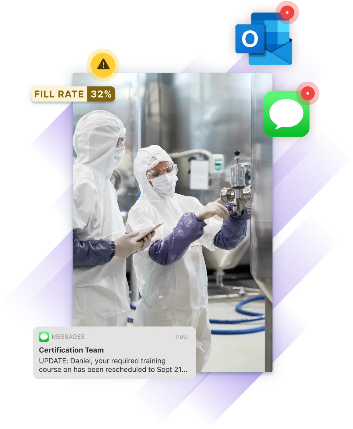 Two workers in protective suits perform a task in a manufacturing facility, overlaid with training alerts, low fill rate warning, and communication app icons.