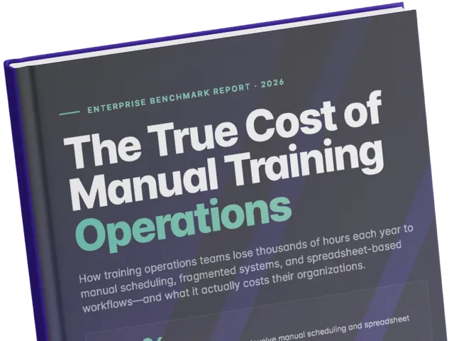 Close-up angled view of the cover of Administrate's 2026 Enterprise Benchmark Report, "The True Cost of Manual Training Operations." The dramatic perspective emphasizes the bold white and teal title typography against a dark navy cover.